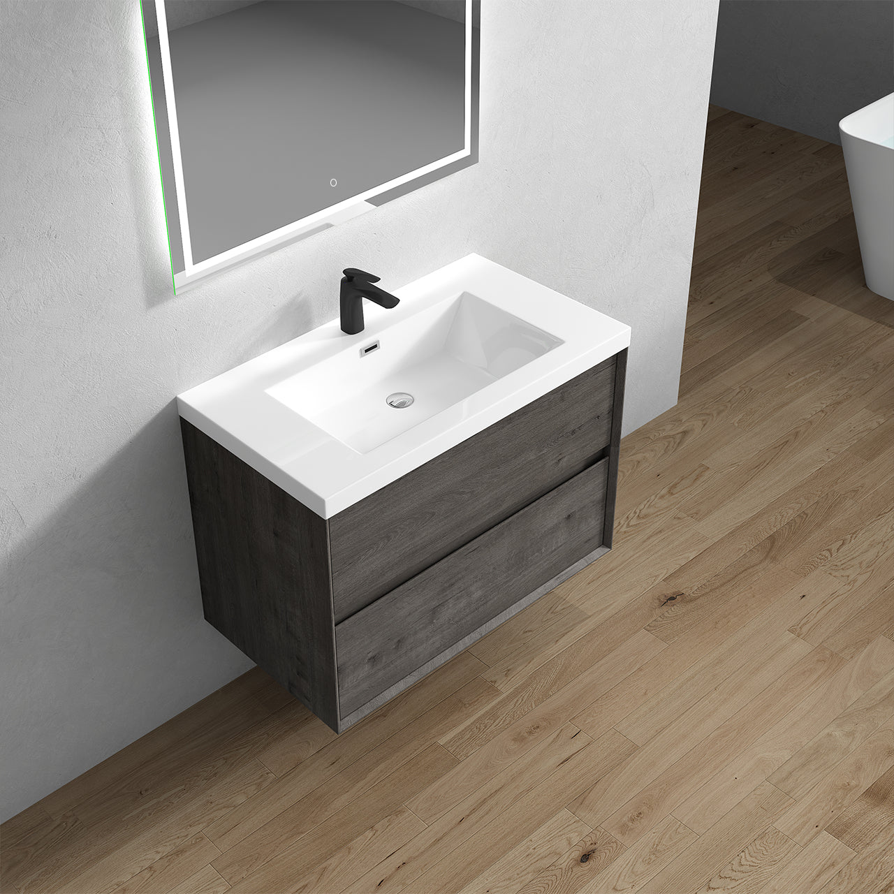 Kingdee 36" Smoke Oak Wall Mounted Vanity with Reinforced Acrylic Sink