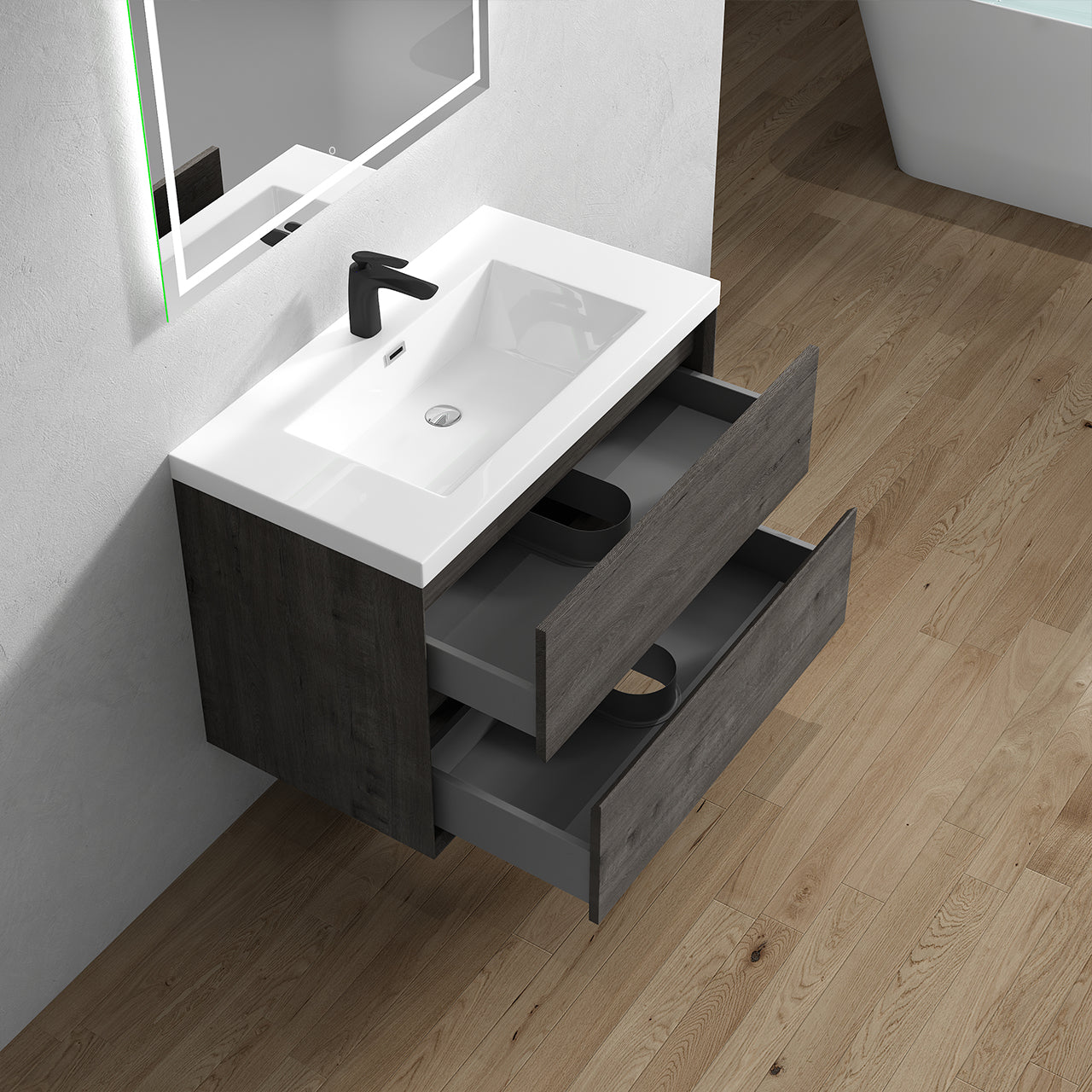Kingdee 36" Smoke Oak Wall Mounted Vanity with Reinforced Acrylic Sink