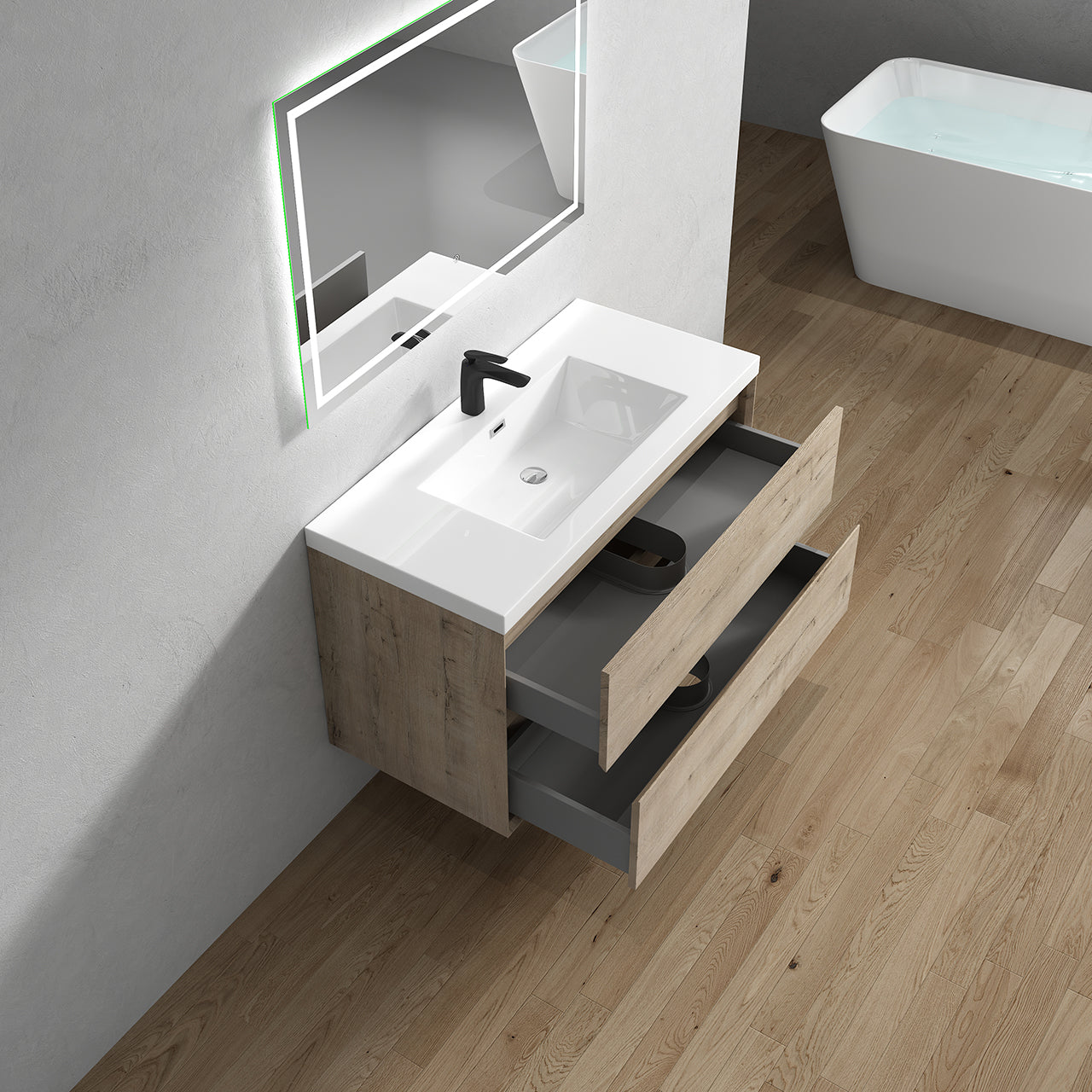 Kingdee 42" Light Oak Wall Mounted Vanity with Reinforced Acrylic Sink
