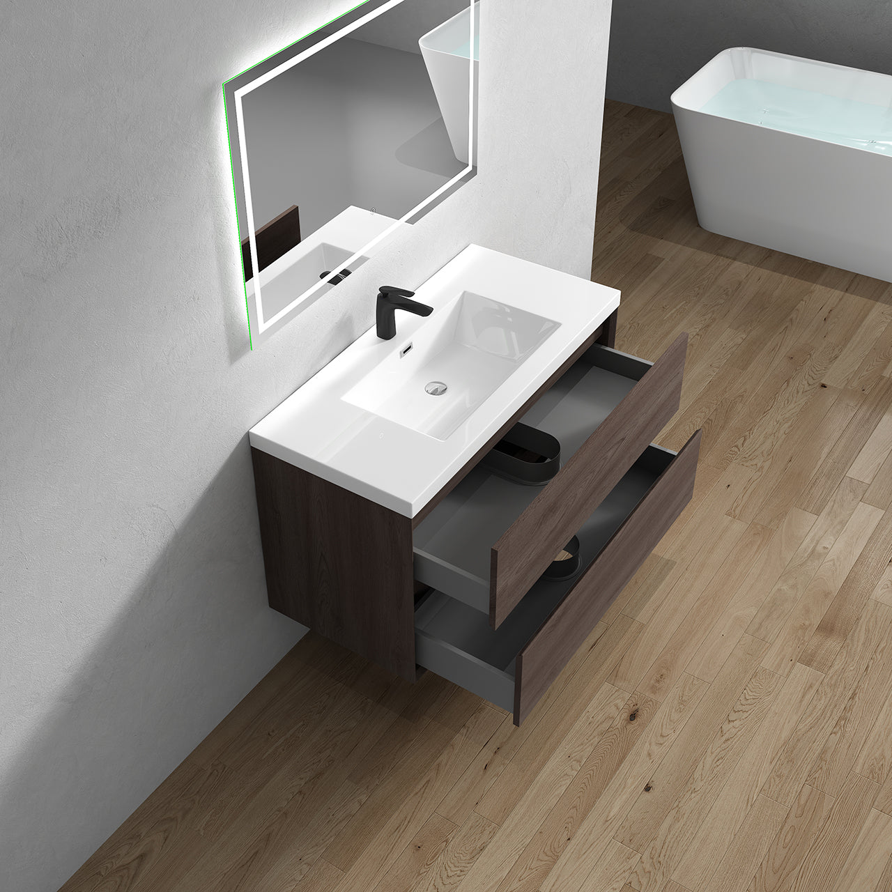 Kingdee 42" Red Oak Wall Mounted Vanity with Reinforced Acrylic Sink