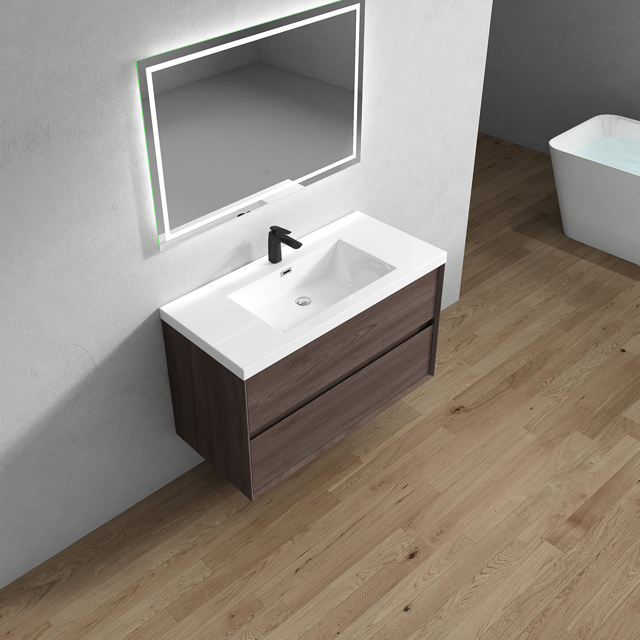 Kingdee 42" Red Oak Wall Mounted Vanity with Reinforced Acrylic Sink