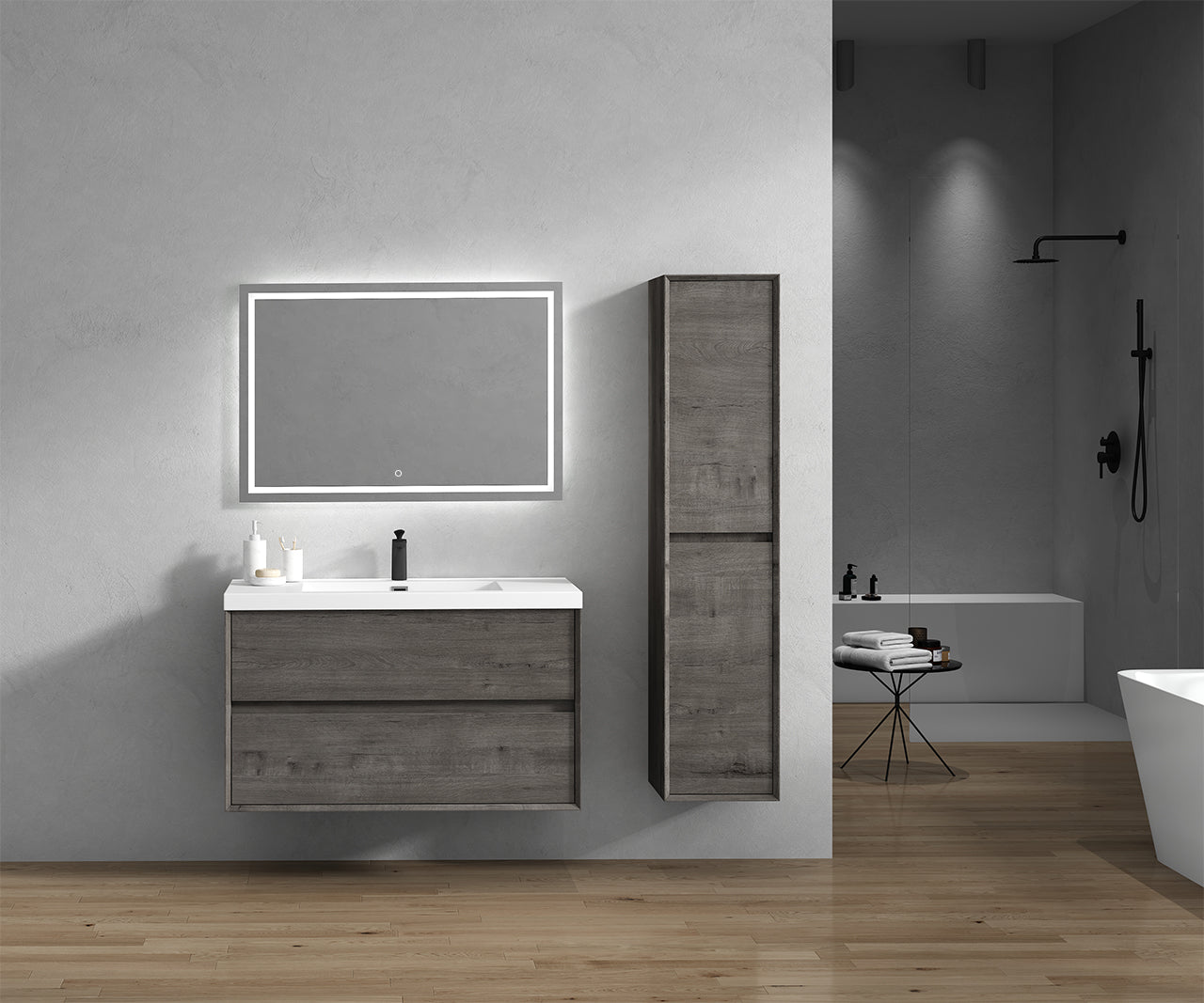 Kingdee 42" Smoke Oak Wall Mounted Vanity with Reinforced Acrylic Sink