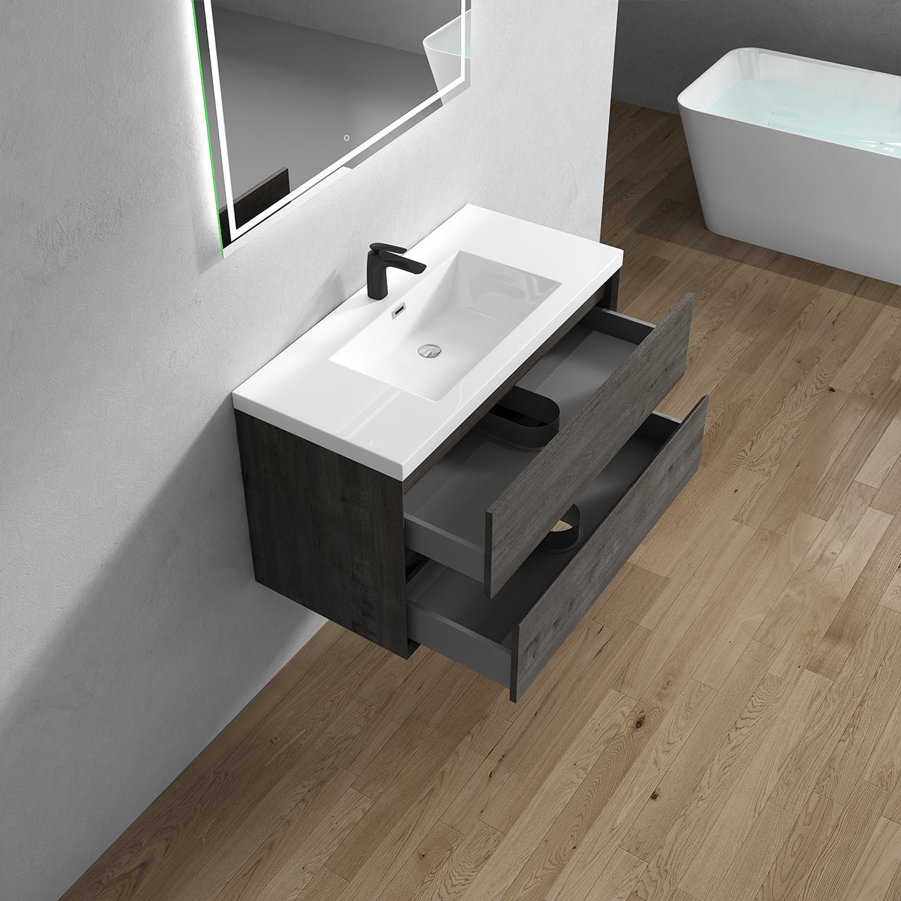Kingdee 42" Smoke Oak Wall Mounted Vanity with Reinforced Acrylic Sink