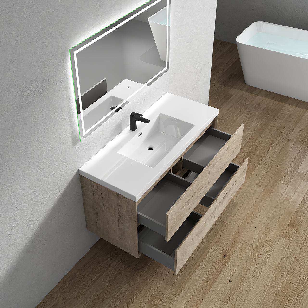 Kingdee 48" Light Oak Wall Mounted Vanity with Reinforced Acrylic Sink