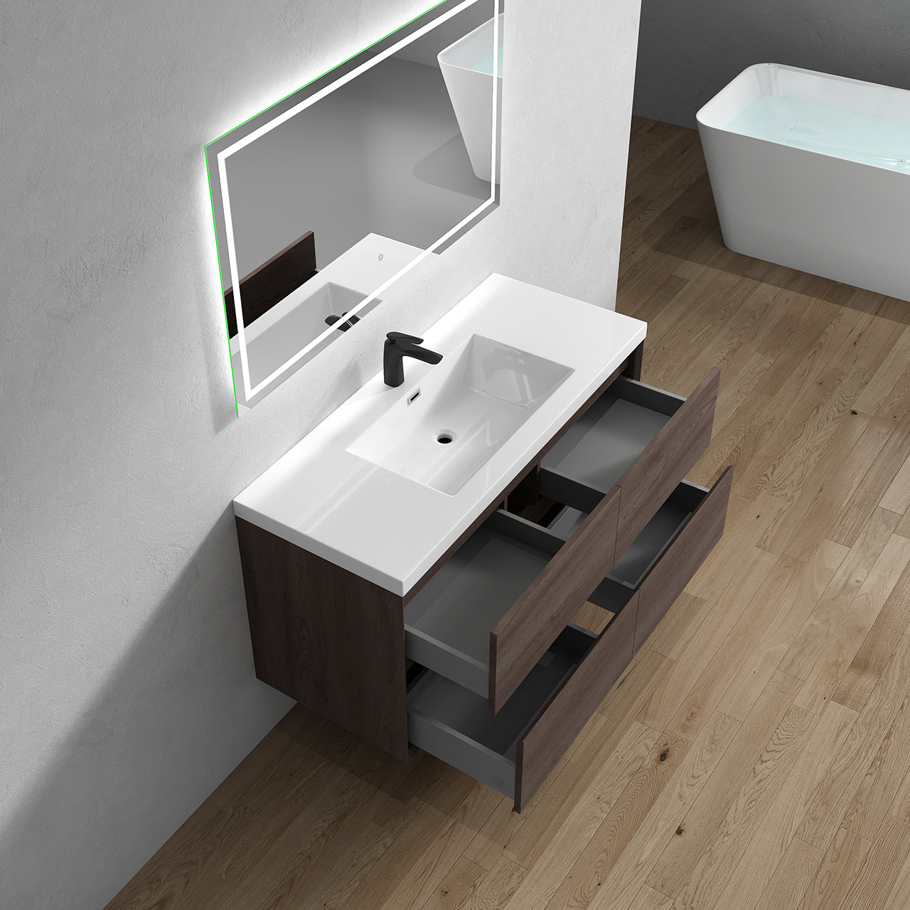 Kingdee 48" Red Oak Wall Mounted Vanity with Reinforced Acrylic Sink