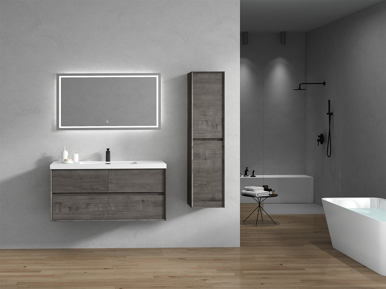 Kingdee 48" Smoke Oak Wall Mounted Vanity with Reinforced Acrylic Sink