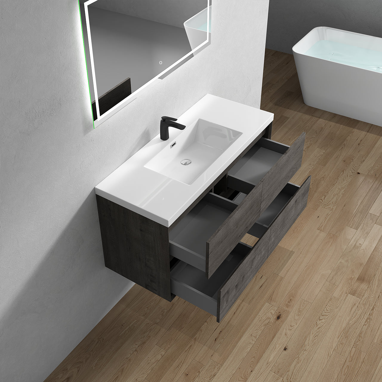 Kingdee 48" Smoke Oak Wall Mounted Vanity with Reinforced Acrylic Sink