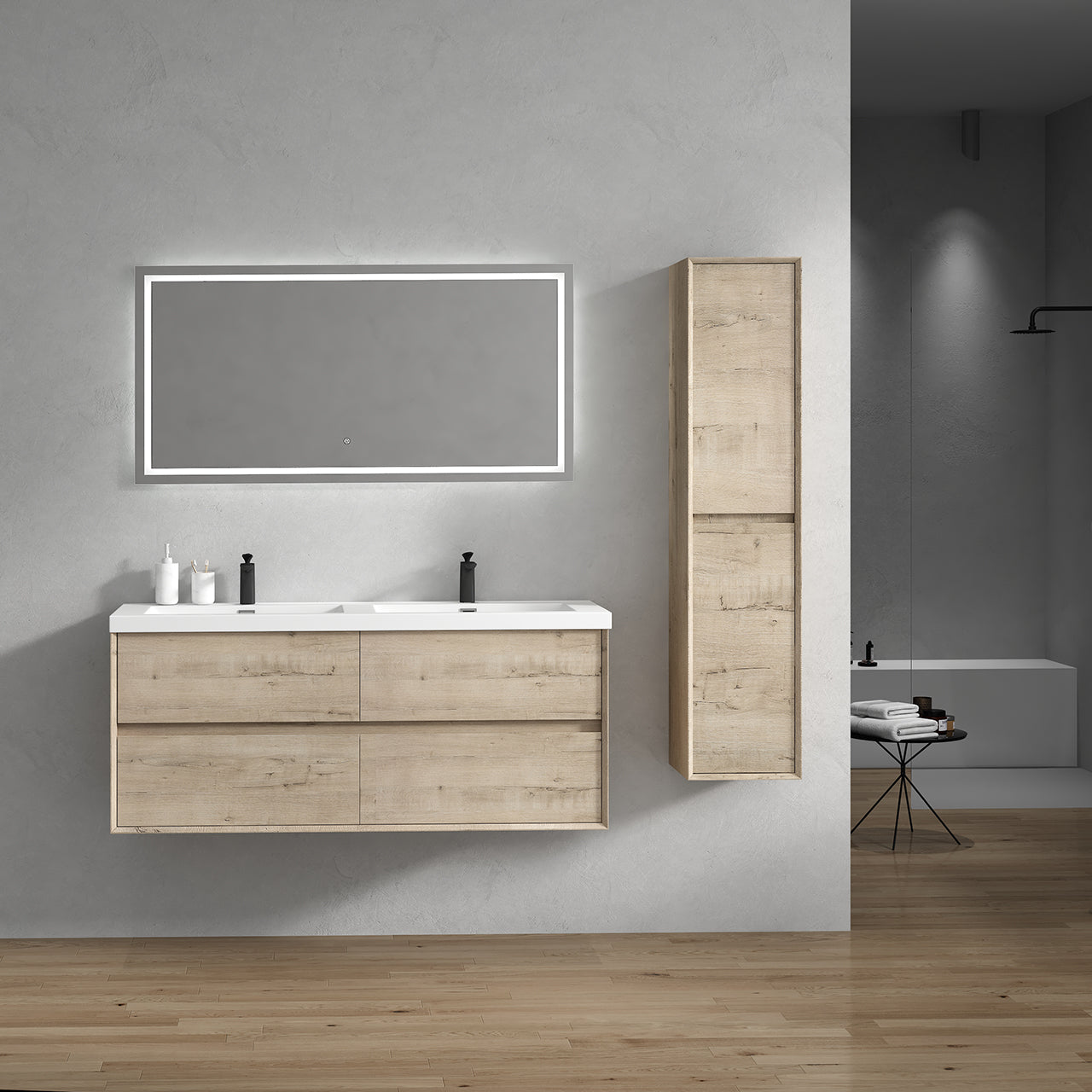 Kingdee 60" Light Oak Wall Mounted Vanity with Reinforced Acrylic Double Sinks
