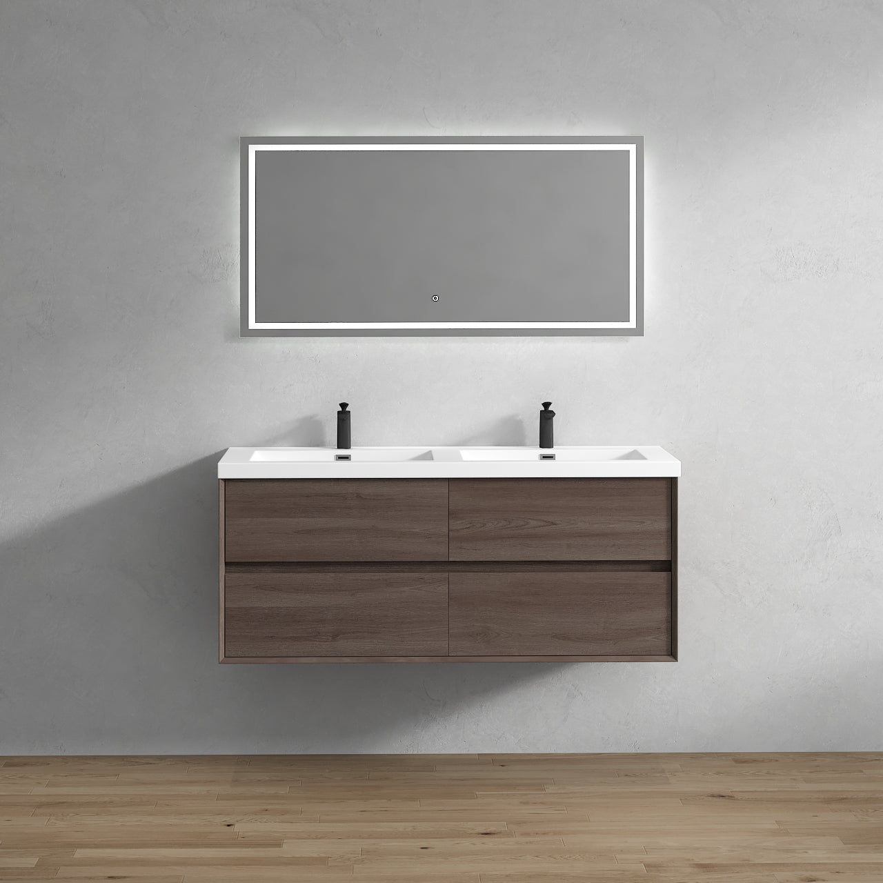 Kingdee 60" Red Oak Wall Mounted Vanity with Reinforced Acrylic Double Sinks