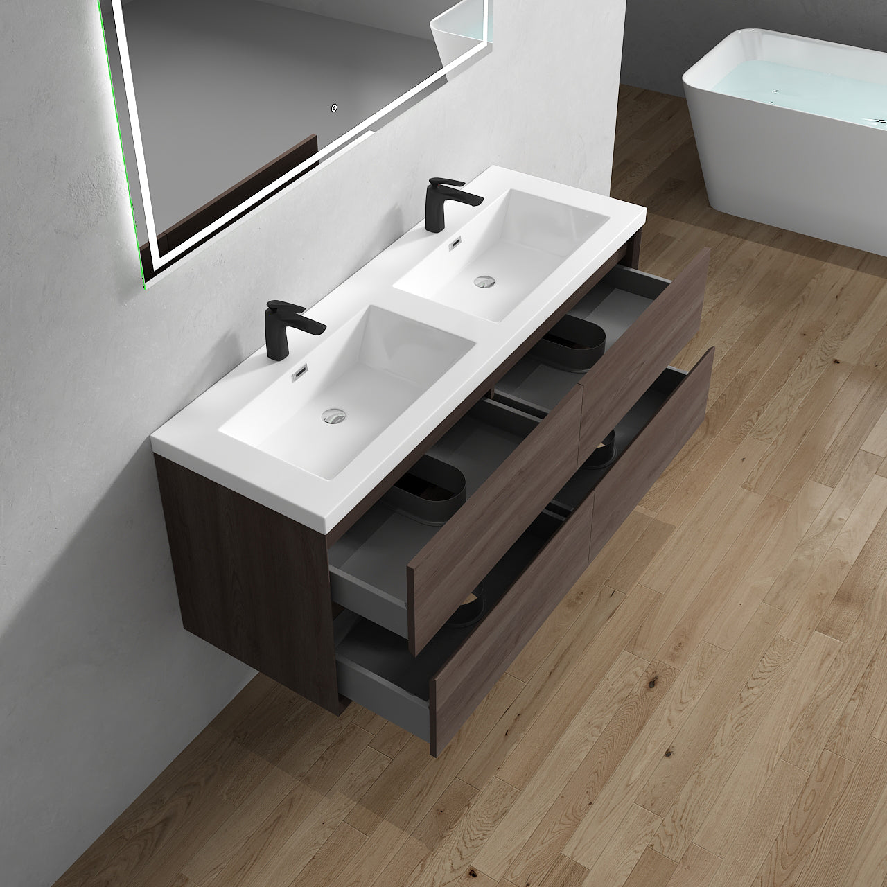 Kingdee 60" Red Oak Wall Mounted Vanity with Reinforced Acrylic Double Sinks