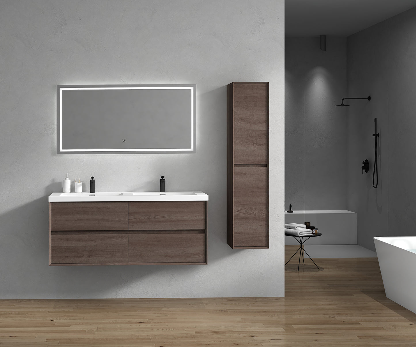 Kingdee 60" Red Oak Wall Mounted Vanity with Reinforced Acrylic Double Sinks