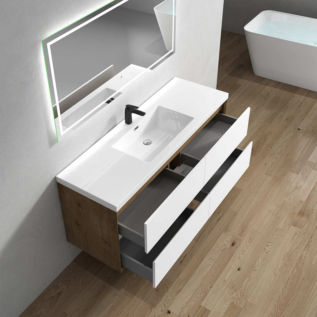 Kingdee 60" Glossy White Wall Mounted Vanity with Reinforced Acrylic Single Sink