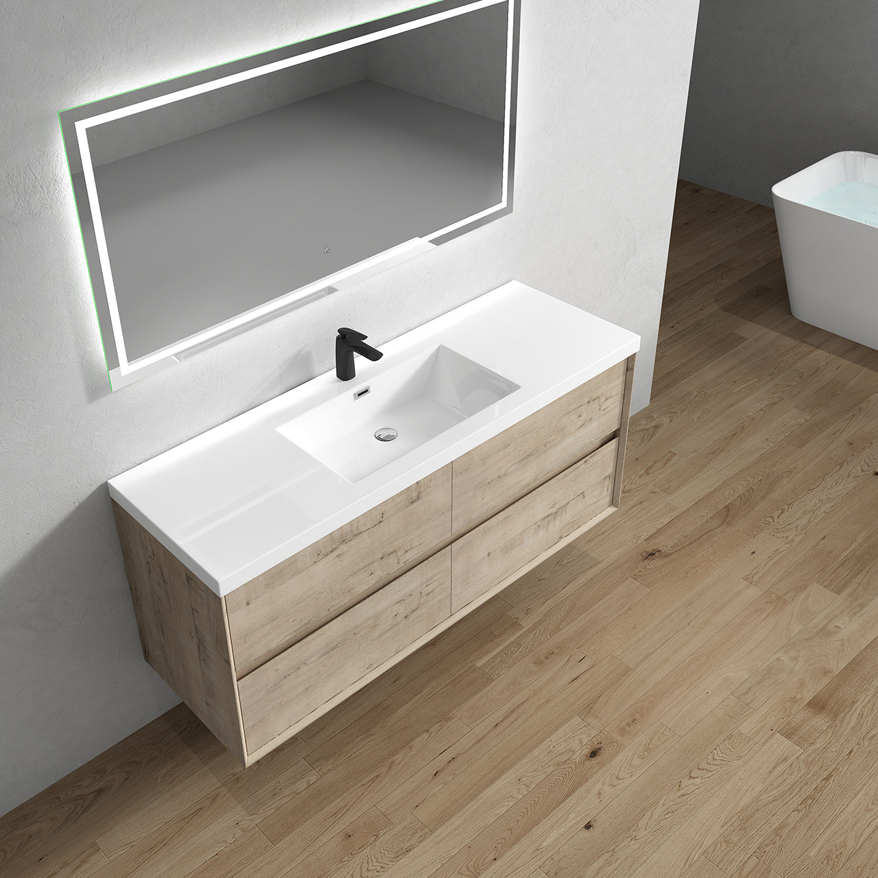 Kingdee 60" Light Oak Wall Mounted Vanity with Reinforced Acrylic Single Sink