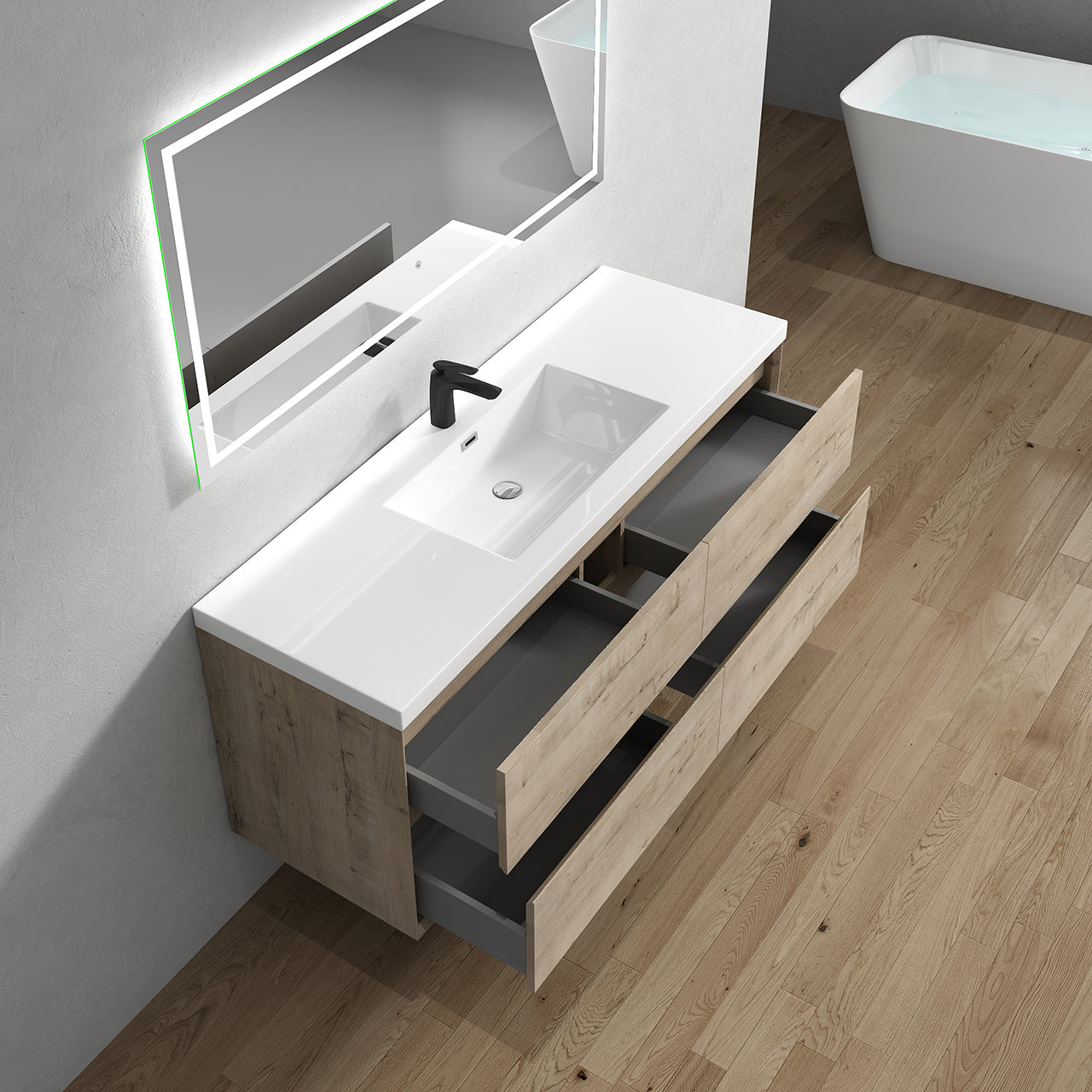 Kingdee 60" Light Oak Wall Mounted Vanity with Reinforced Acrylic Single Sink