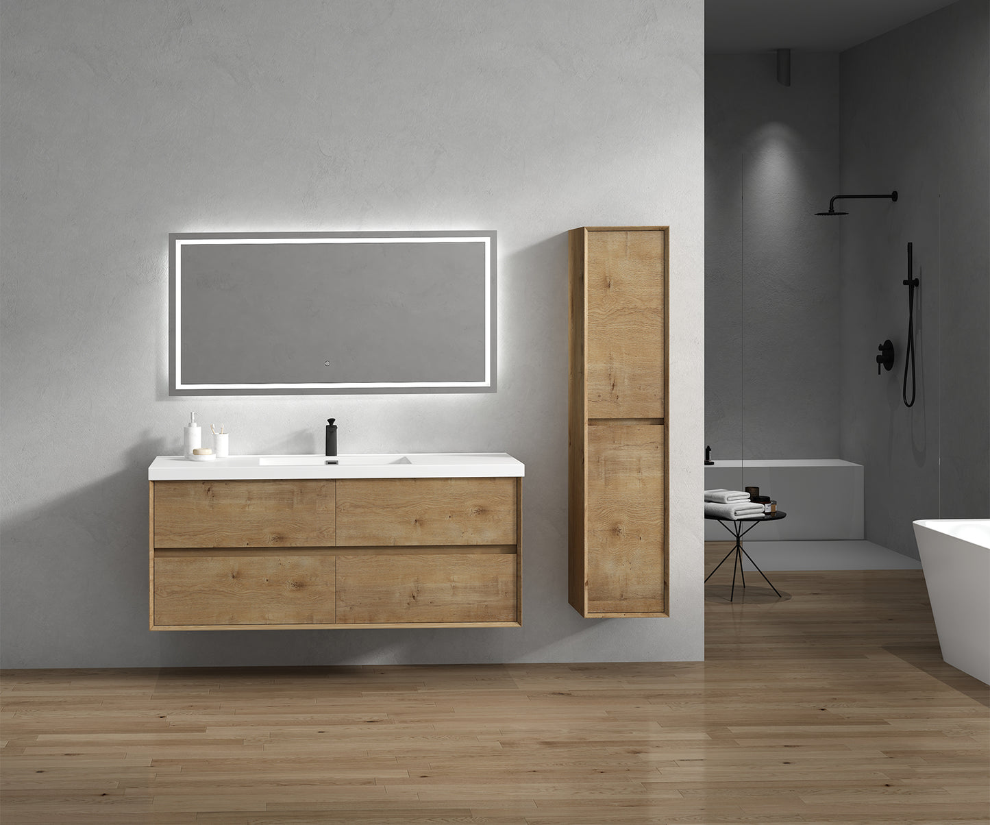 Kingdee 60" White Oak Wall Mounted Vanity with Reinforced Acrylic Single Sink