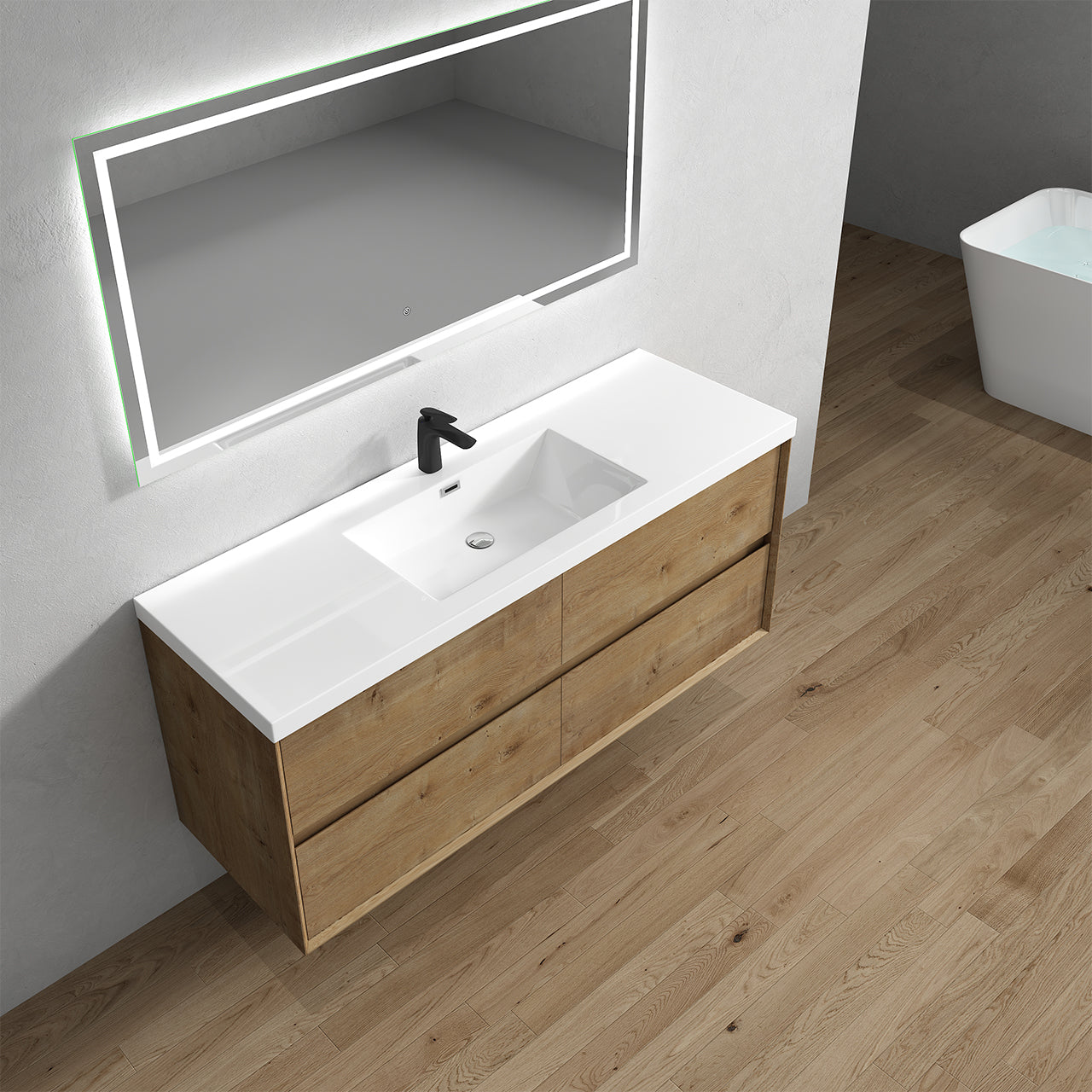 Kingdee 60" White Oak Wall Mounted Vanity with Reinforced Acrylic Single Sink