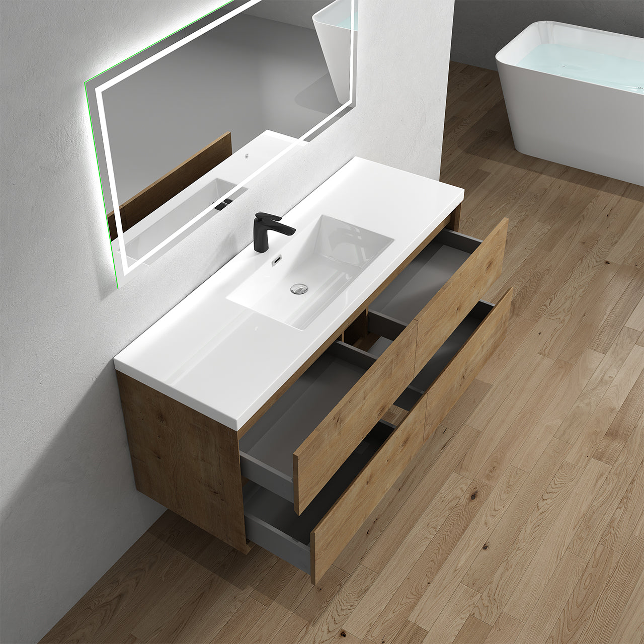 Kingdee 60" White Oak Wall Mounted Vanity with Reinforced Acrylic Single Sink