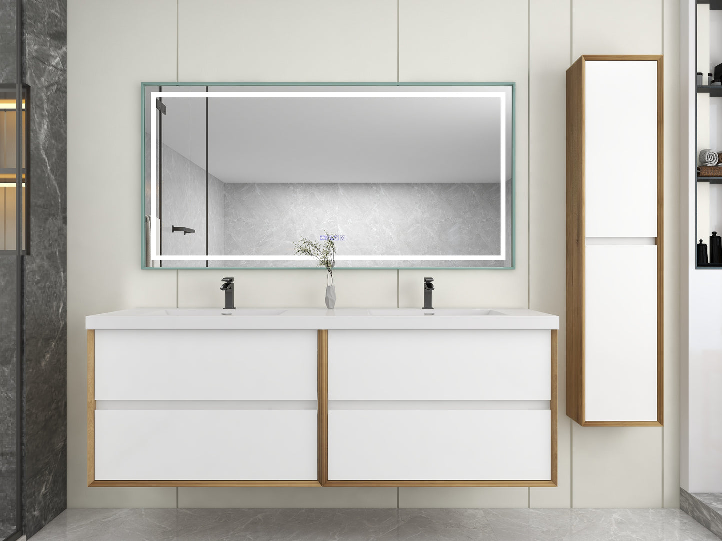 Kingdee 72" Glossy White Wall Mounted Vanity with Reinforced Acrylic Sinks
