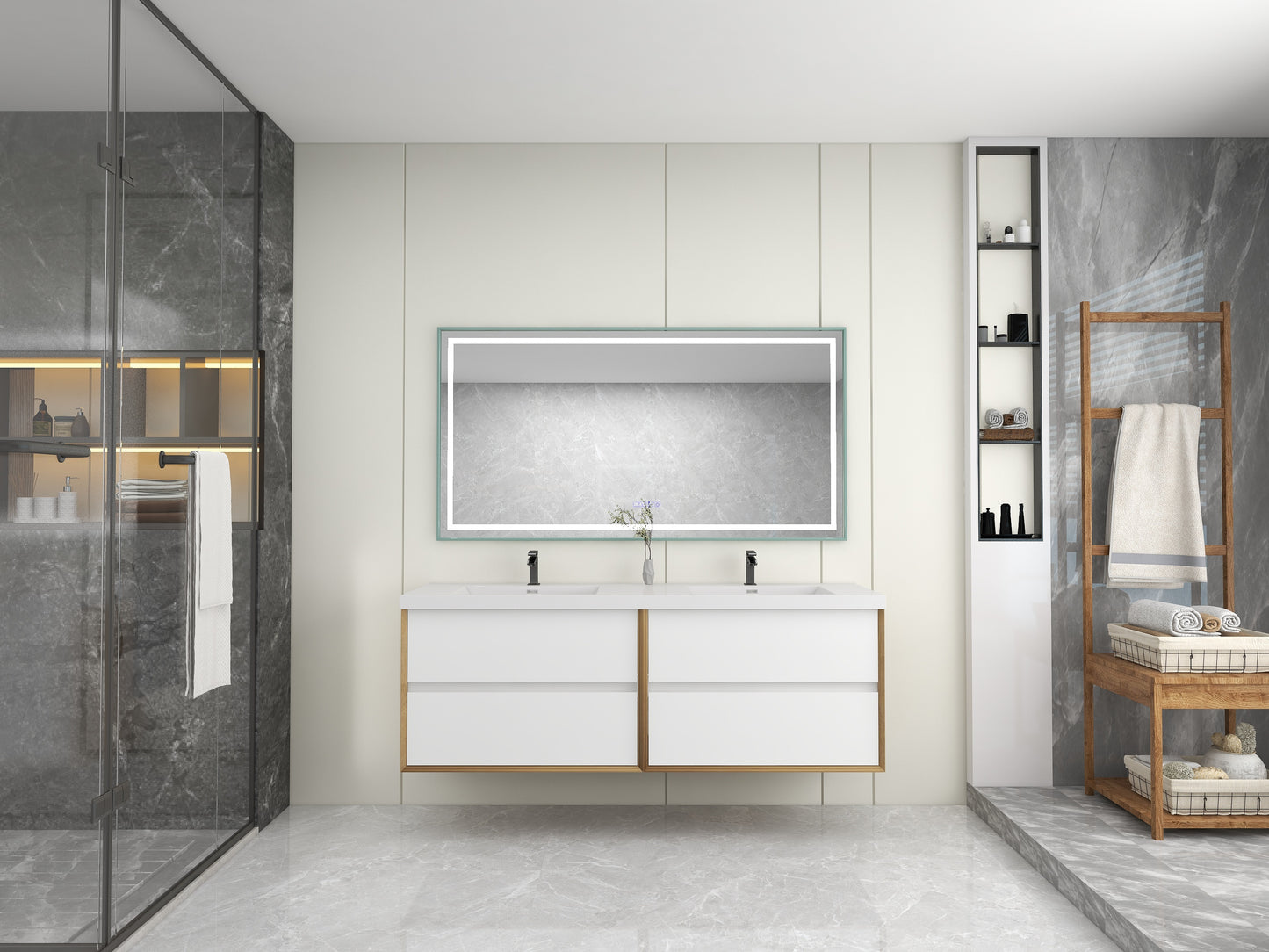Kingdee 72" Glossy White Wall Mounted Vanity with Reinforced Acrylic Sinks