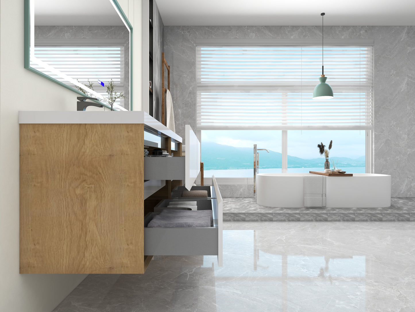 Kingdee 72" Glossy White Wall Mounted Vanity with Reinforced Acrylic Sinks