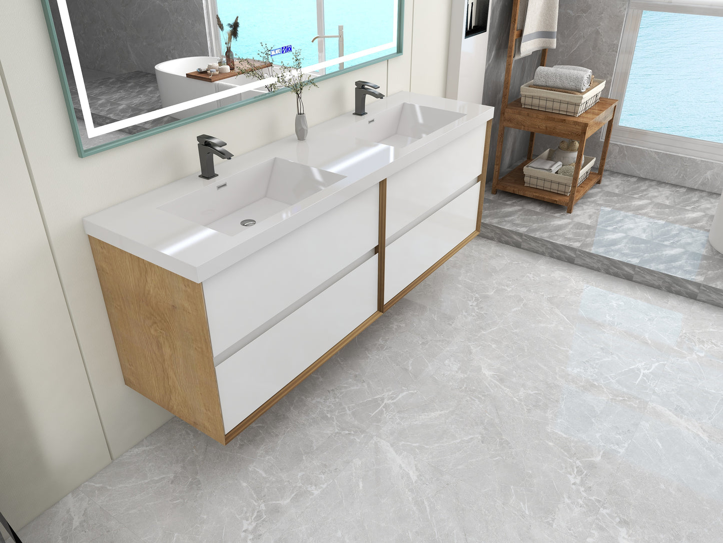 Kingdee 72" Glossy White Wall Mounted Vanity with Reinforced Acrylic Sinks