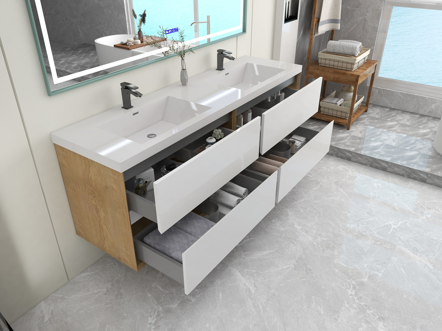 Kingdee 72" Glossy White Wall Mounted Vanity with Reinforced Acrylic Sinks