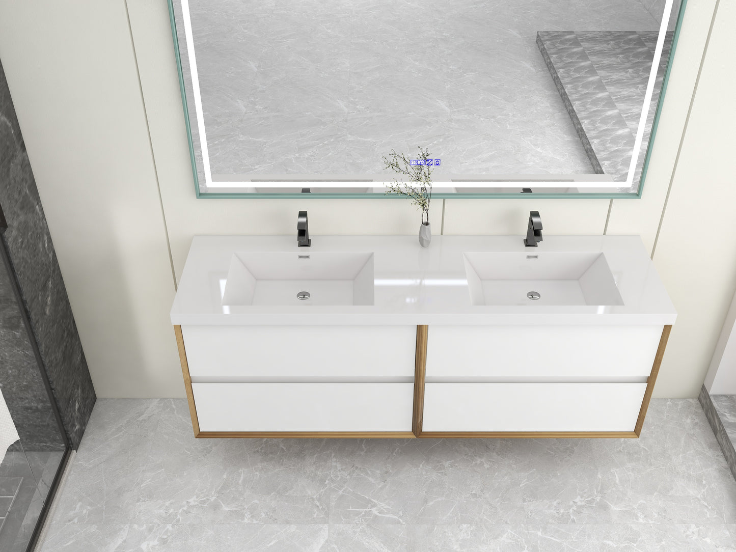 Kingdee 72" Glossy White Wall Mounted Vanity with Reinforced Acrylic Sinks