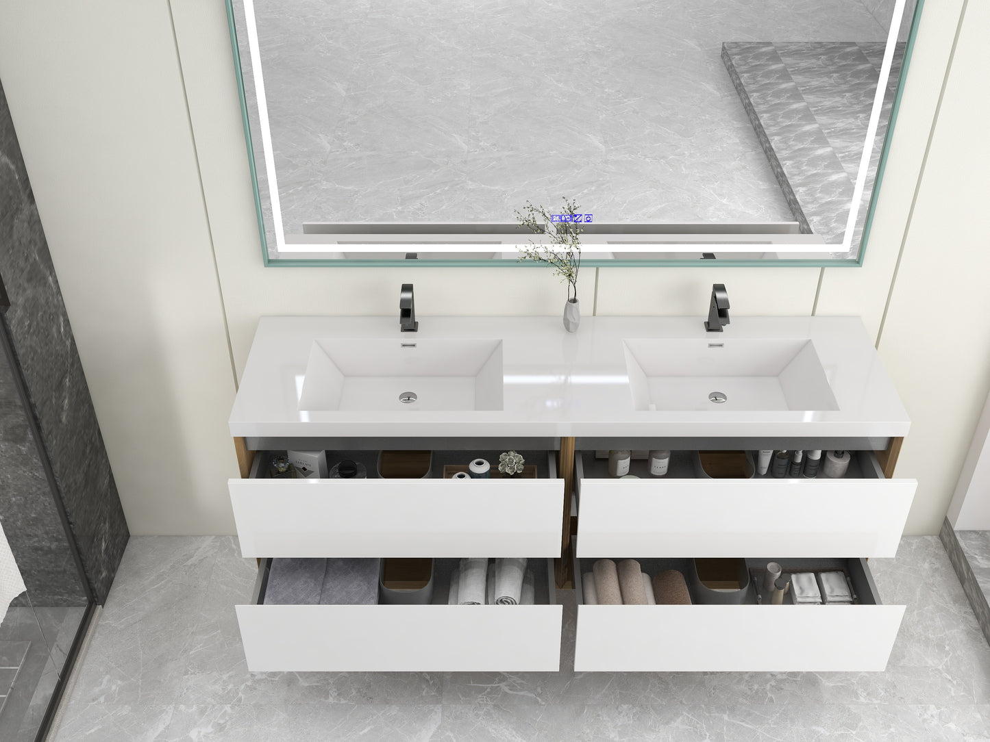 Kingdee 72" Glossy White Wall Mounted Vanity with Reinforced Acrylic Sinks