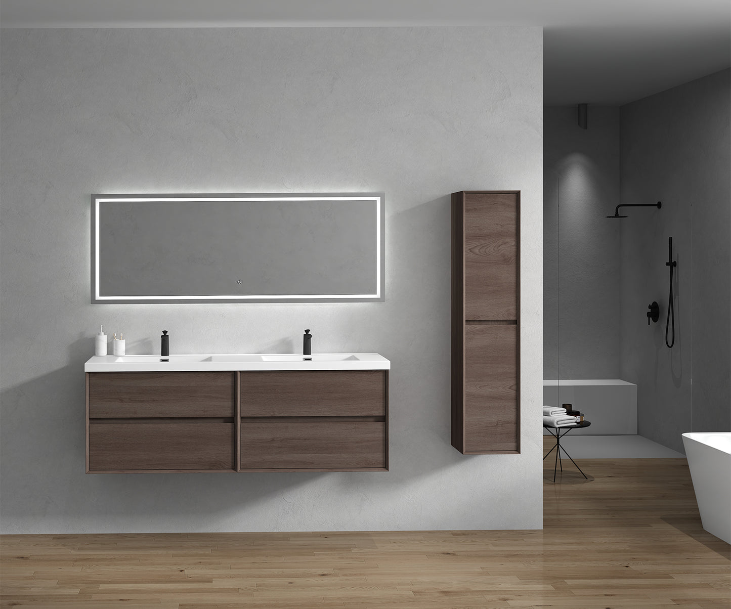 Kingdee 72" Red Oak Wall Mounted Vanity with Reinforced Acrylic Sinks