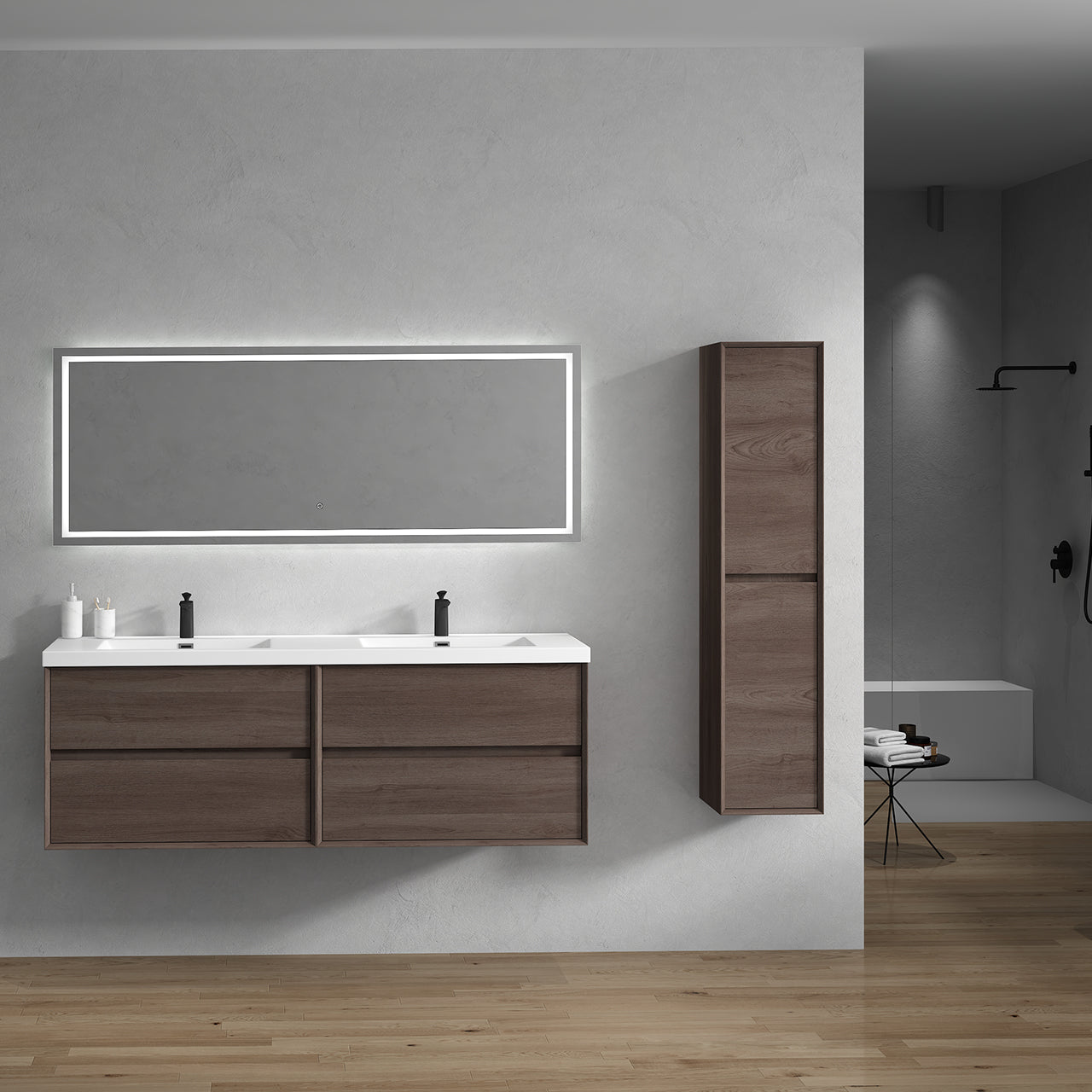 Kingdee 72" Red Oak Wall Mounted Vanity with Reinforced Acrylic Sinks