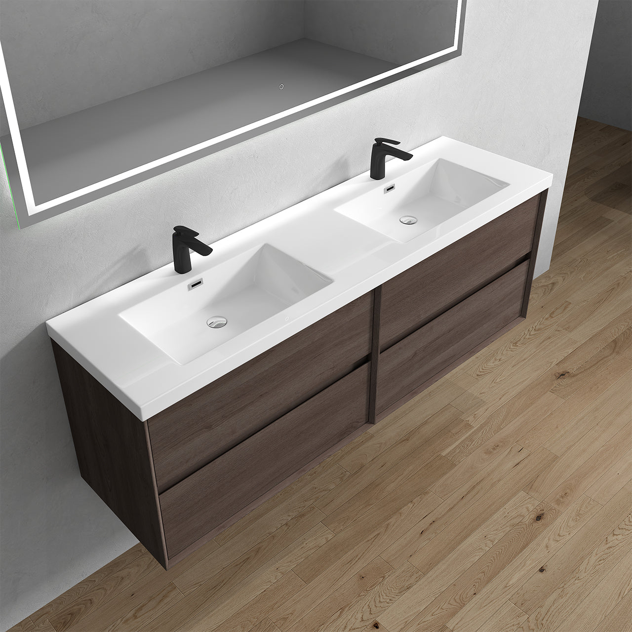 Kingdee 72" Red Oak Wall Mounted Vanity with Reinforced Acrylic Sinks