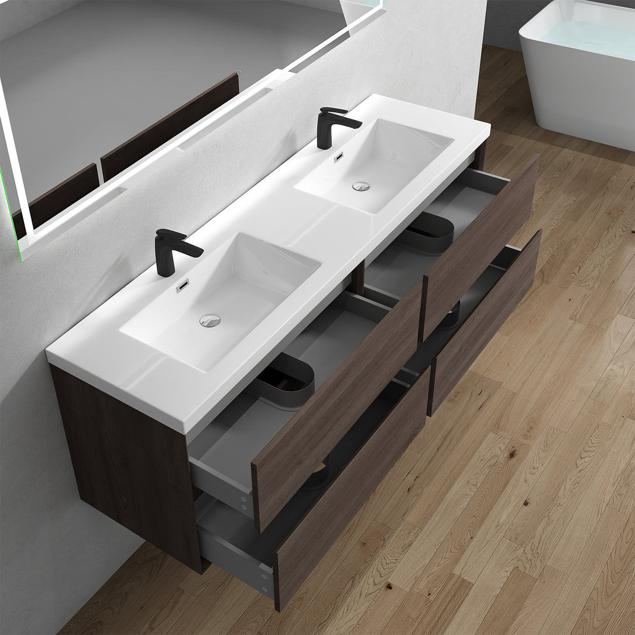 Kingdee 72" Red Oak Wall Mounted Vanity with Reinforced Acrylic Sinks