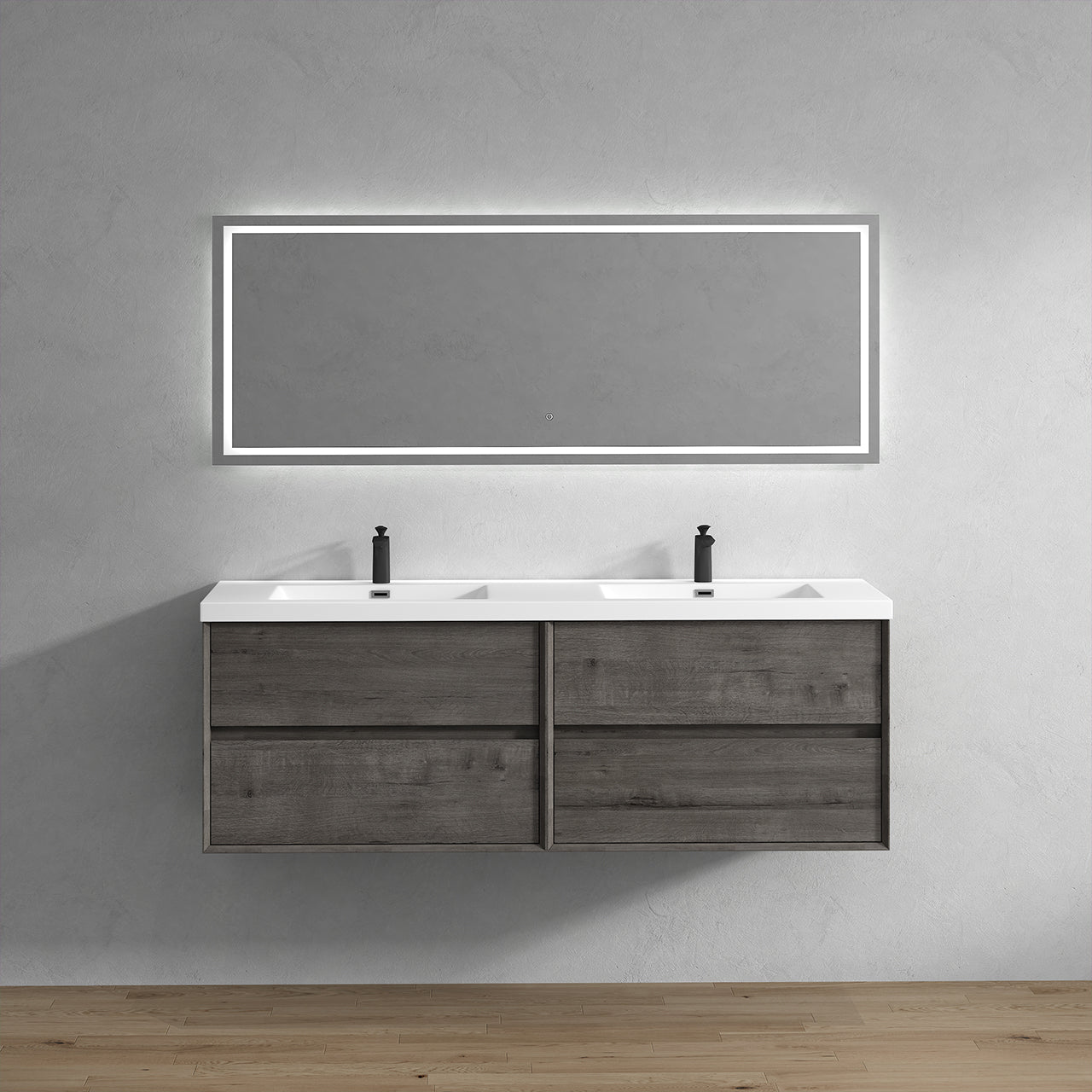 Kingdee 72" Smoke Oak Wall Mounted Vanity with Reinforced Acrylic Sinks