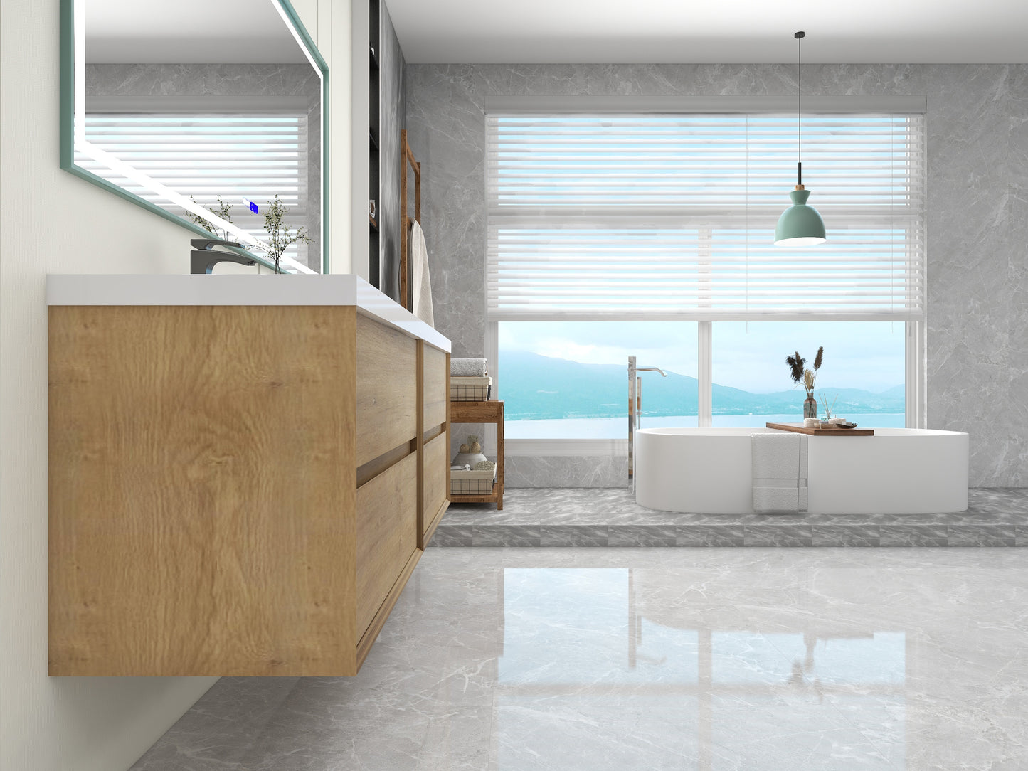 Kingdee 72" Oak Wall Mounted Vanity with Reinforced Acrylic Sinks