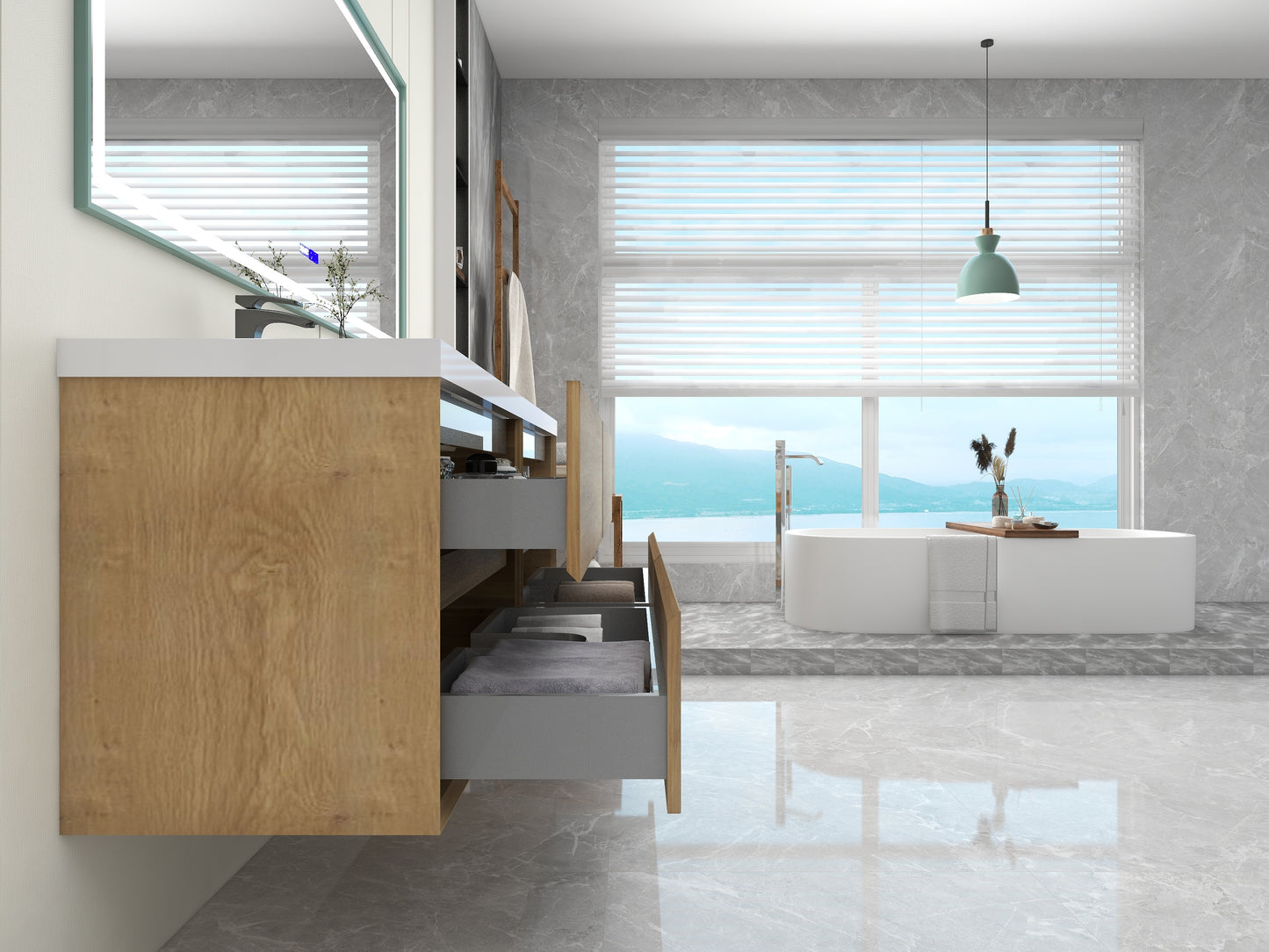 Kingdee 72" Oak Wall Mounted Vanity with Reinforced Acrylic Sinks