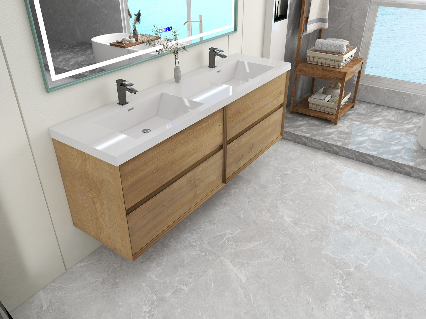 Kingdee 72" Oak Wall Mounted Vanity with Reinforced Acrylic Sinks