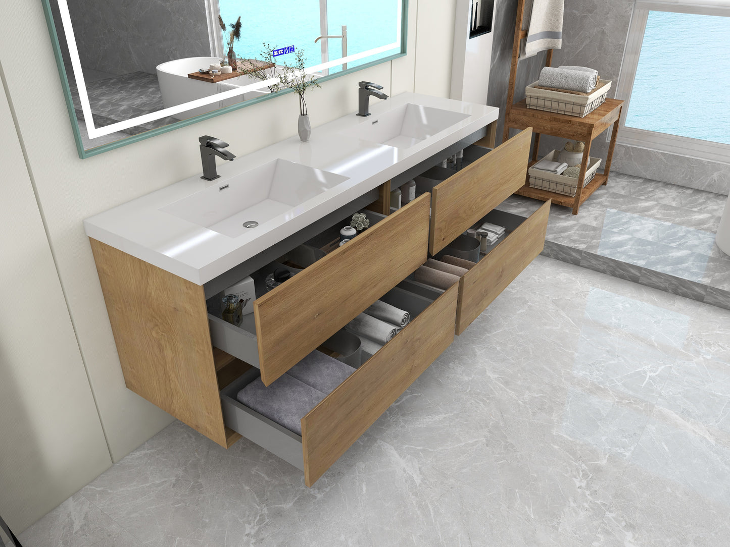 Kingdee 72" Oak Wall Mounted Vanity with Reinforced Acrylic Sinks