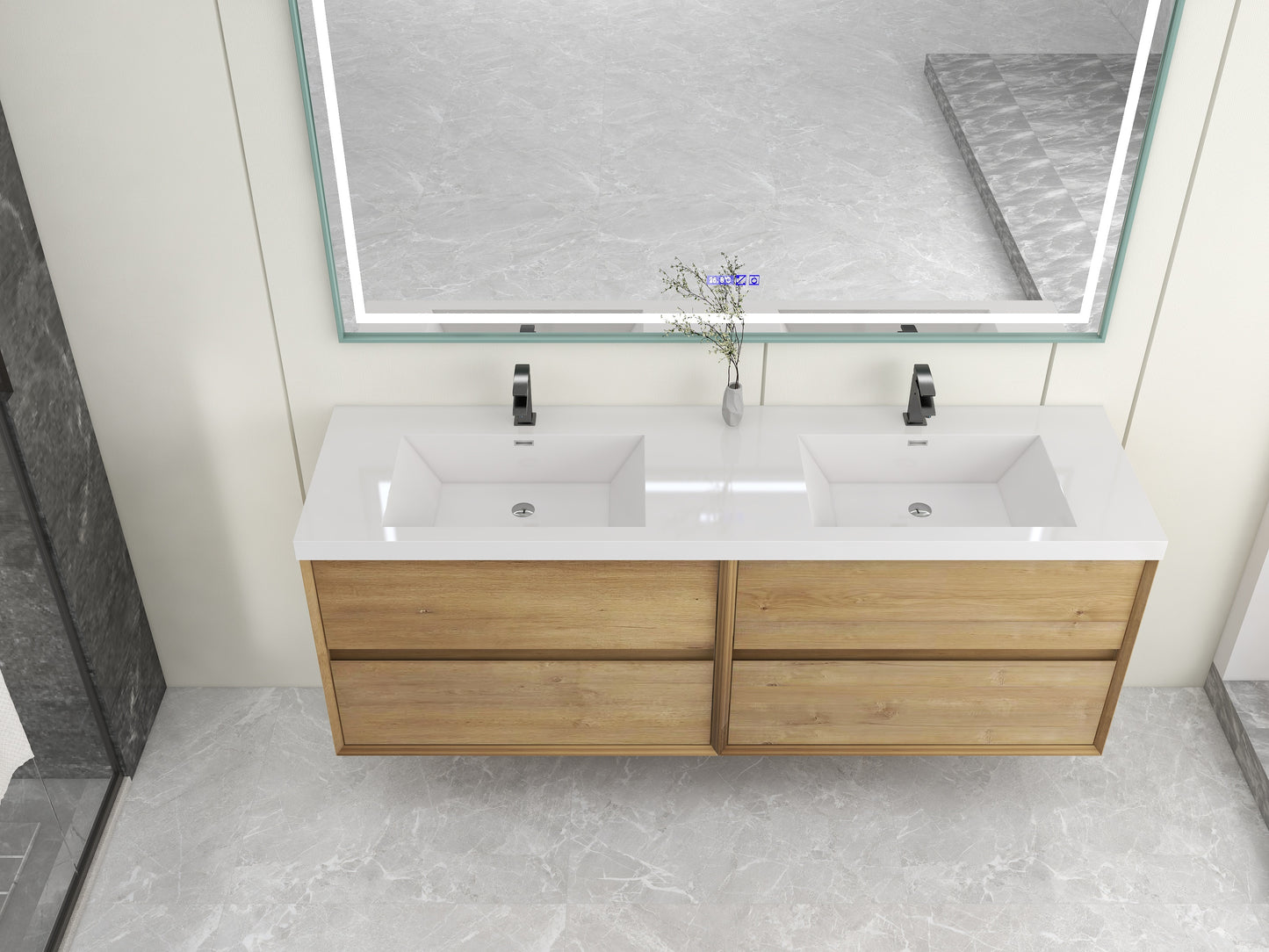 Kingdee 72" Oak Wall Mounted Vanity with Reinforced Acrylic Sinks