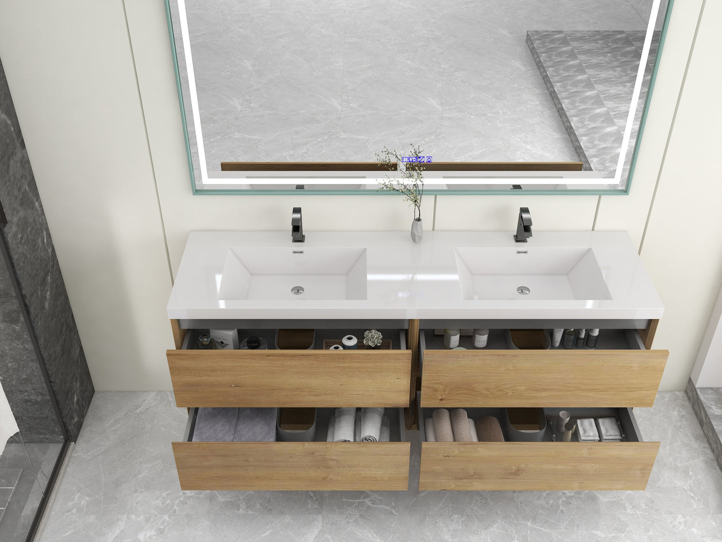 Kingdee 72" Oak Wall Mounted Vanity with Reinforced Acrylic Sinks