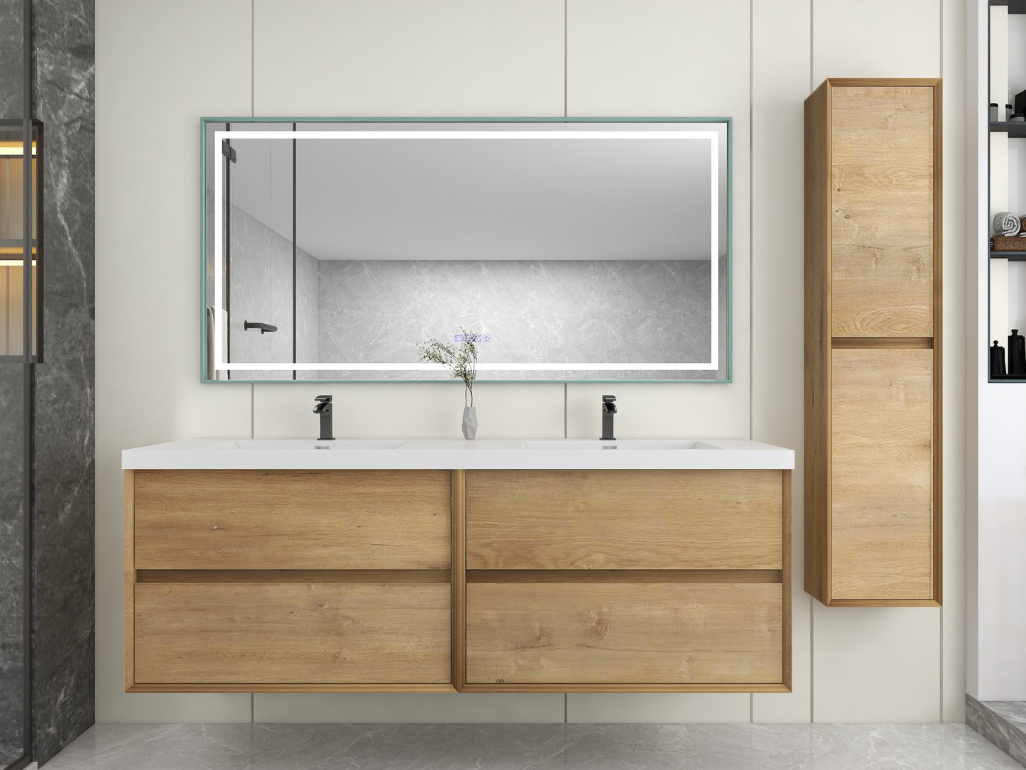 Kingdee 72" Oak Wall Mounted Vanity with Reinforced Acrylic Sinks