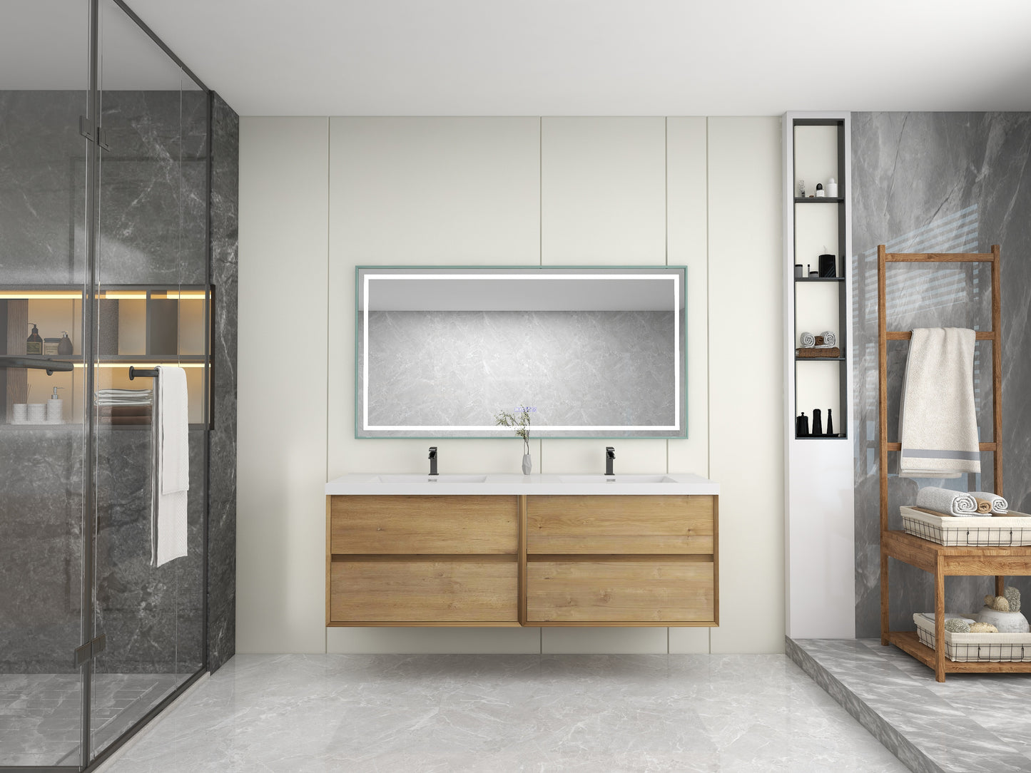 Kingdee 72" Oak Wall Mounted Vanity with Reinforced Acrylic Sinks