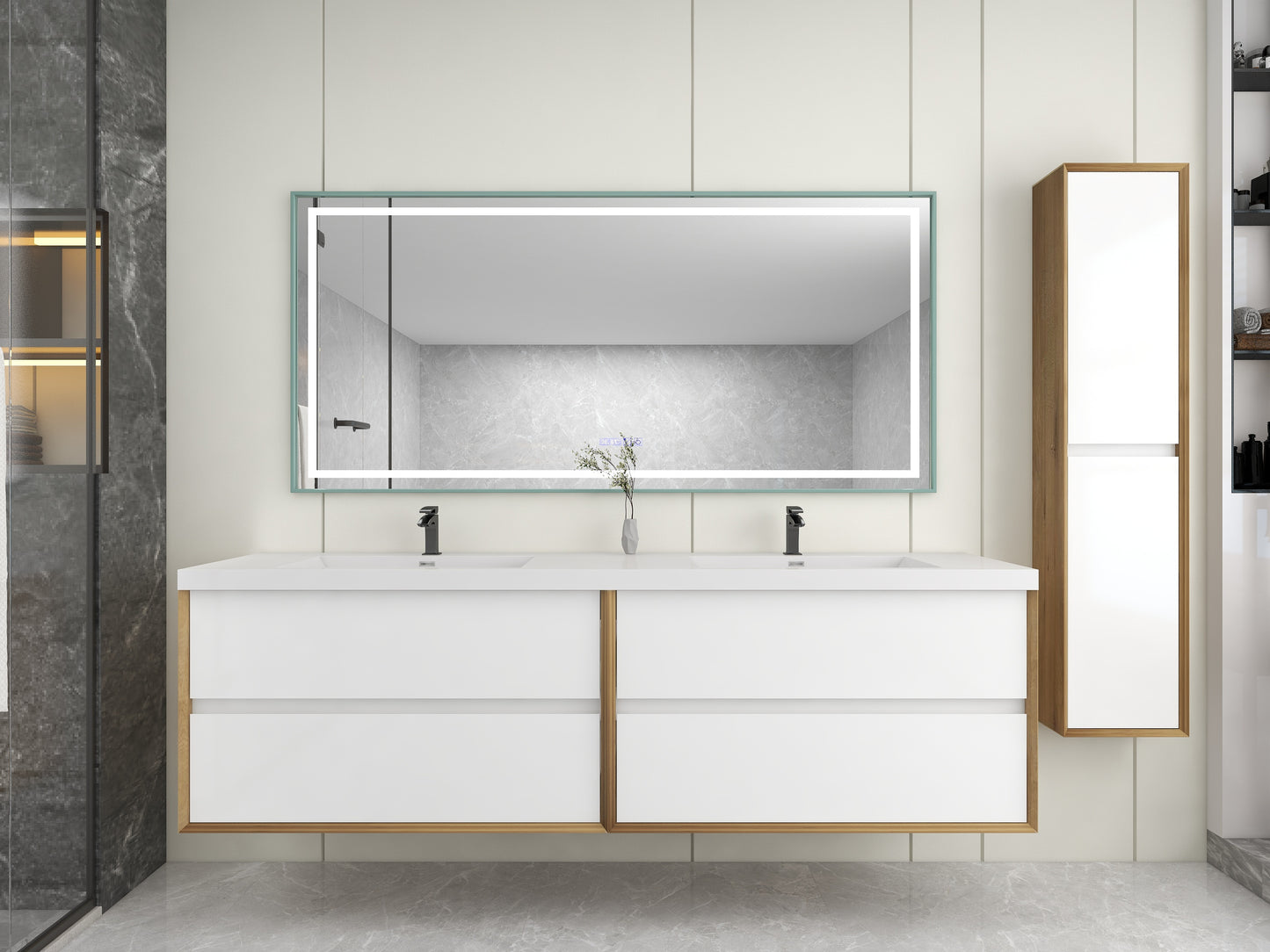 Kingdee 84" Glossy White Wall Mounted Vanity with Reinforced Acrylic Sinks
