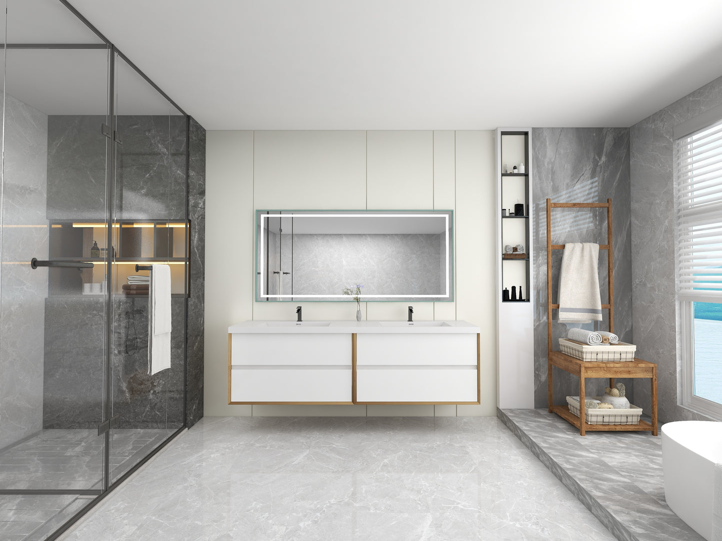 Kingdee 84" Glossy White Wall Mounted Vanity with Reinforced Acrylic Sinks