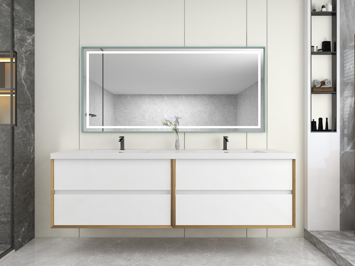 Kingdee 84" Glossy White Wall Mounted Vanity with Reinforced Acrylic Sinks