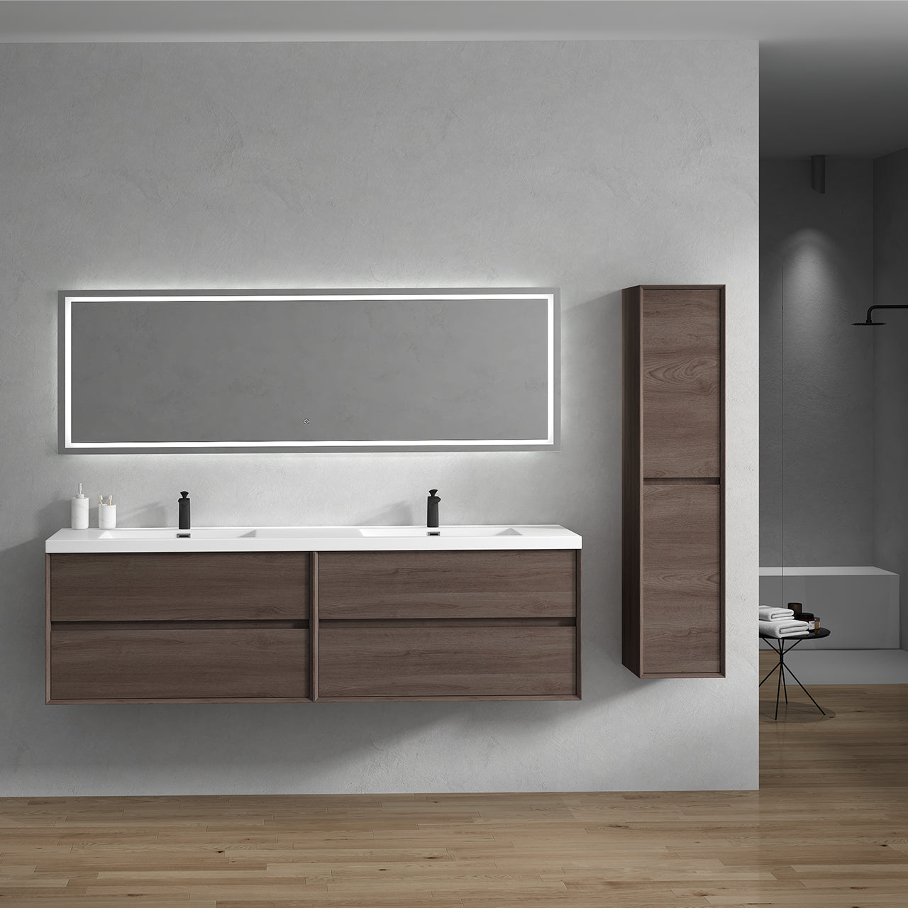 Kingdee 84" Red Oak Wall Mounted Vanity with Reinforced Acrylic Sinks