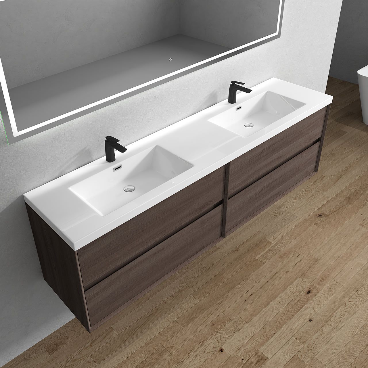 Kingdee 84" Red Oak Wall Mounted Vanity with Reinforced Acrylic Sinks
