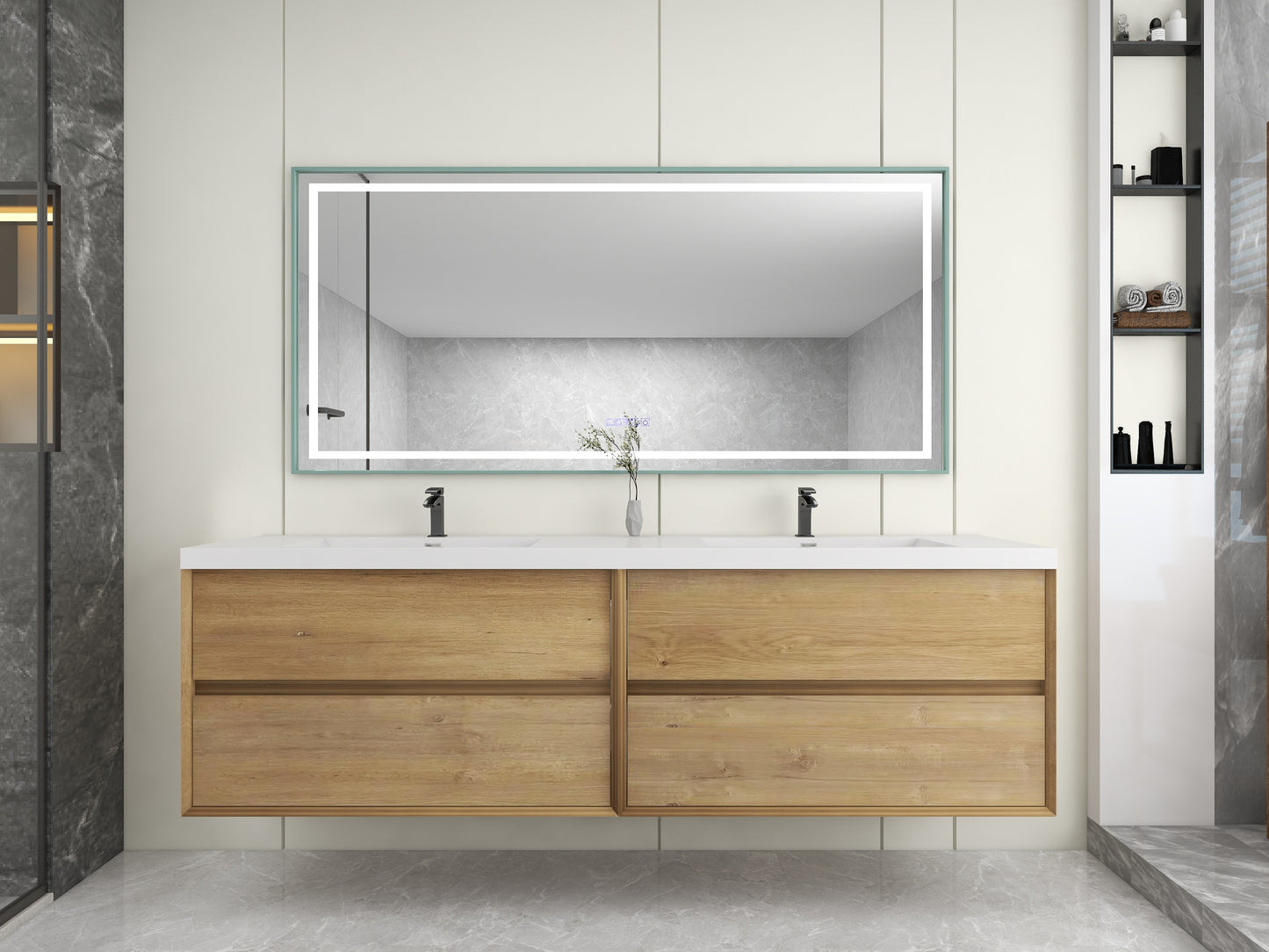 Kingdee 84" Oak Wall Mounted Vanity with Reinforced Acrylic Sinks