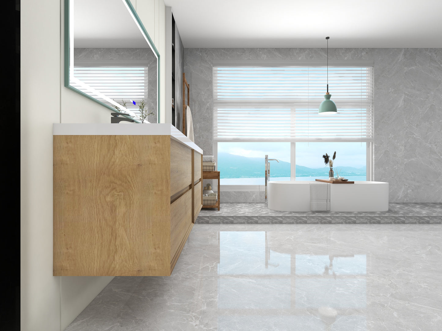 Kingdee 84" Oak Wall Mounted Vanity with Reinforced Acrylic Sinks