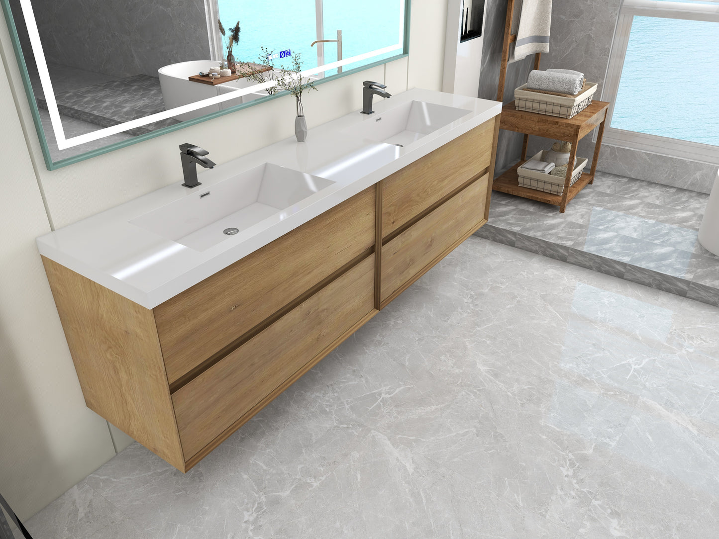 Kingdee 84" Oak Wall Mounted Vanity with Reinforced Acrylic Sinks