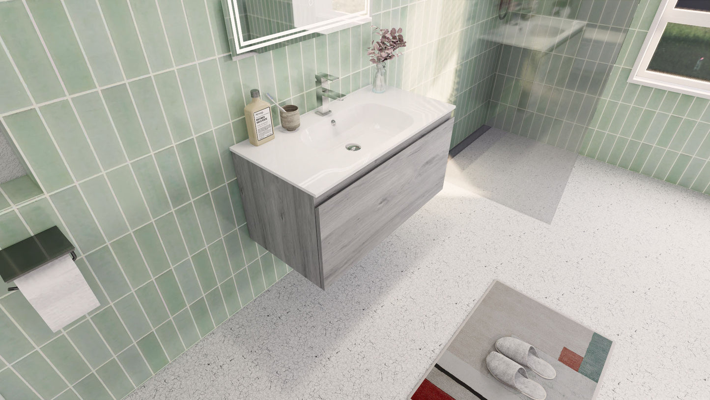 Aipo 36" White Gray Oak Wall Mounted Vanity with Reinforced Acrylic Sink